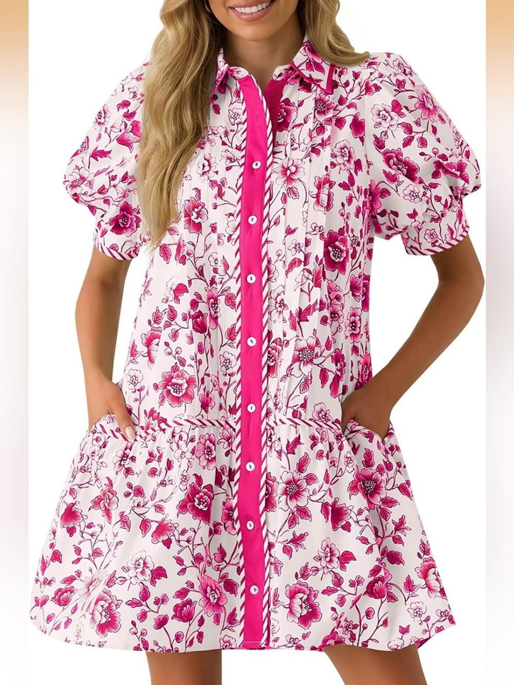 Women’s Pink Floral Drop Waist Button-Front Shirt Dress Top Puff Sleeves